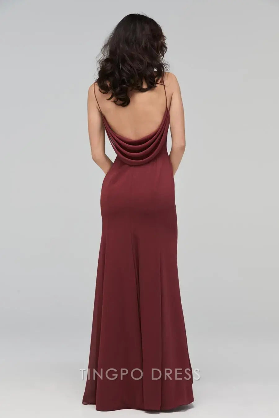 TingPo Wholesale Elegant Burgundy Spaghetti Strap Dress - Square Neck Open Back Sheath Maxi Gown